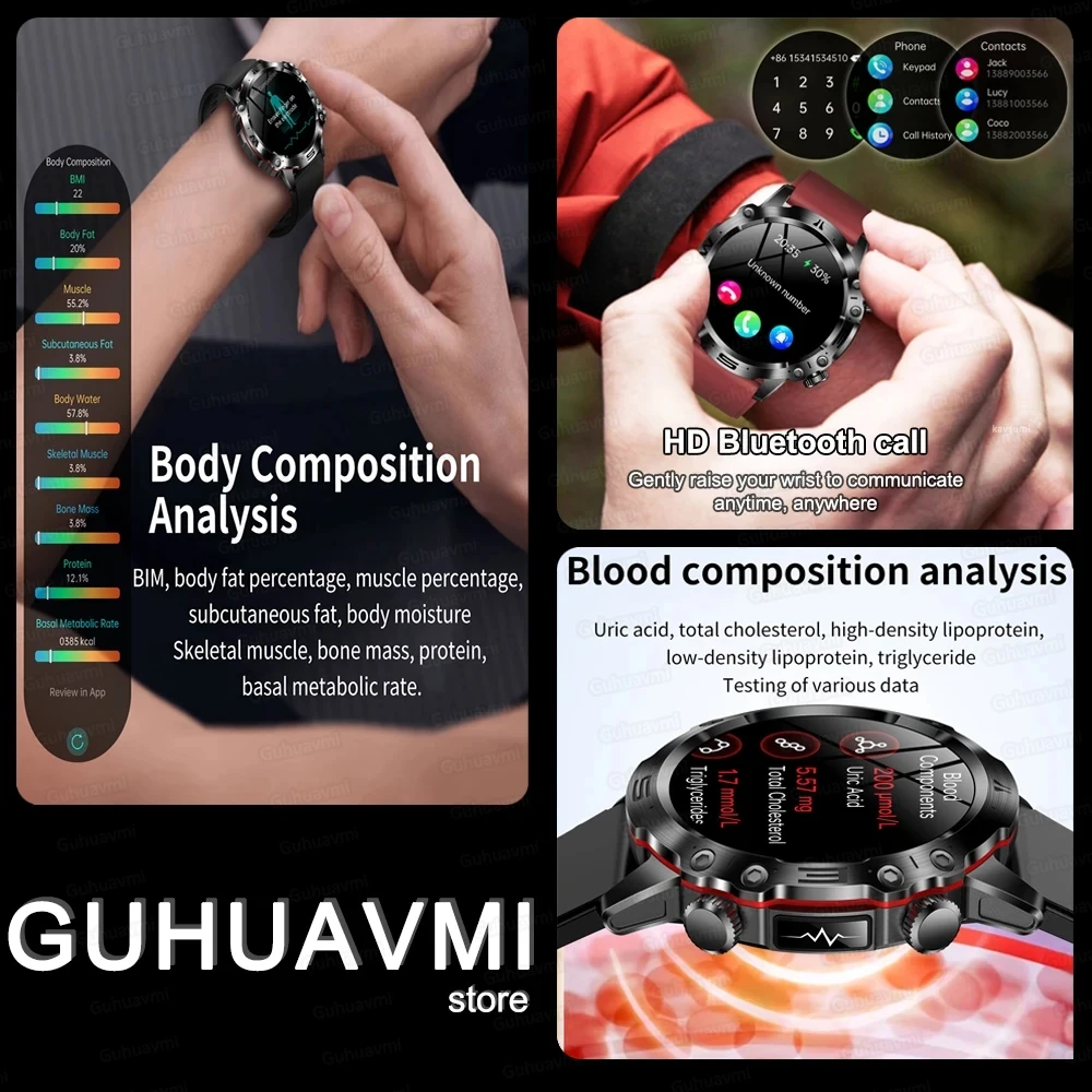 Reloj inteligente con diagnóstico médico AI 2024, llamada Bluetooth, azúcar en sangre, lípidos en sangre, Monitor de ácido úrico, HRV ECG, reloj