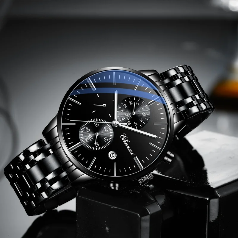 CHENXI 971 남성용 쿼츠 시계, 달력 크로노그래프 비즈니스 손목시계, 스테인리스 스틸 스트랩, 방수 클래식 남성 시계