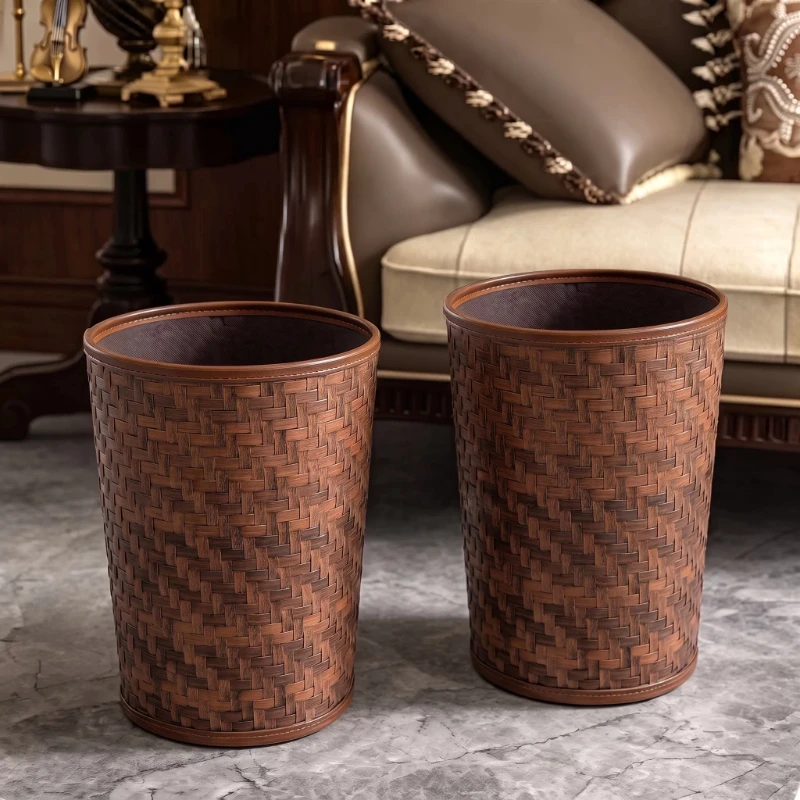 Mid‑Century Style Waste Bin, Imitation Rattan Large Capacity Trash Can for Living Room Bedroom Dorm Kitchen Bathroom Household