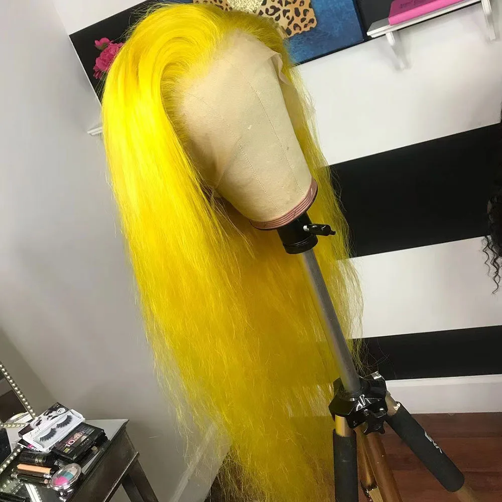 WIF-peluca larga y recta con encaje frontal para mujer, pelo sintético de seda, color amarillo brillante, ideal para fiesta y Cosplay