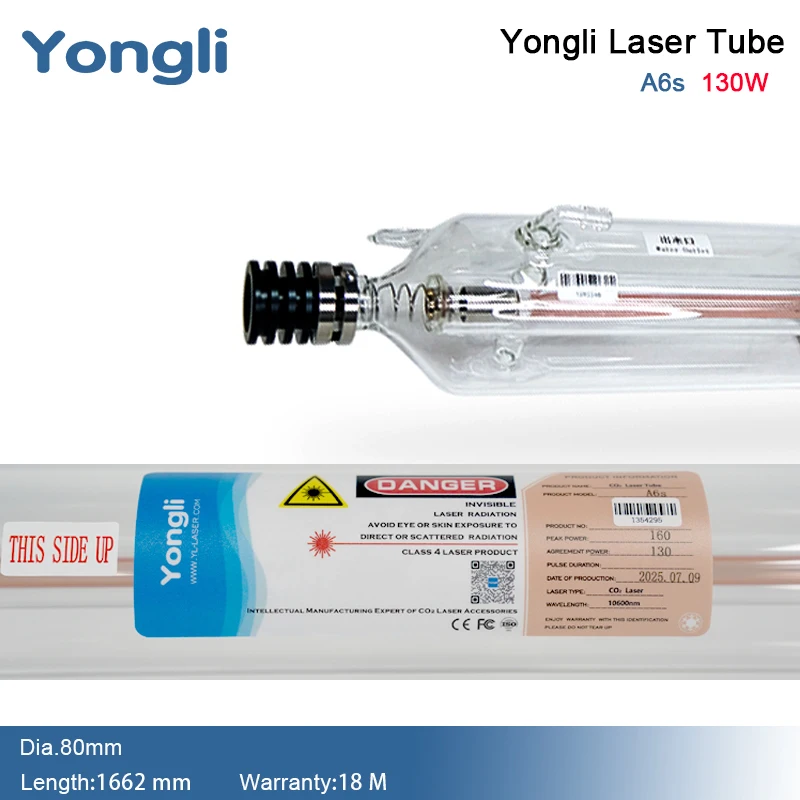 Tubo Láser CO2 Yongli A6s de 130W, Diámetro 80mm, Lámpara Láser de Vidrio, Piezas de Equipo Láser para Corte y Grabado Láser CO2
