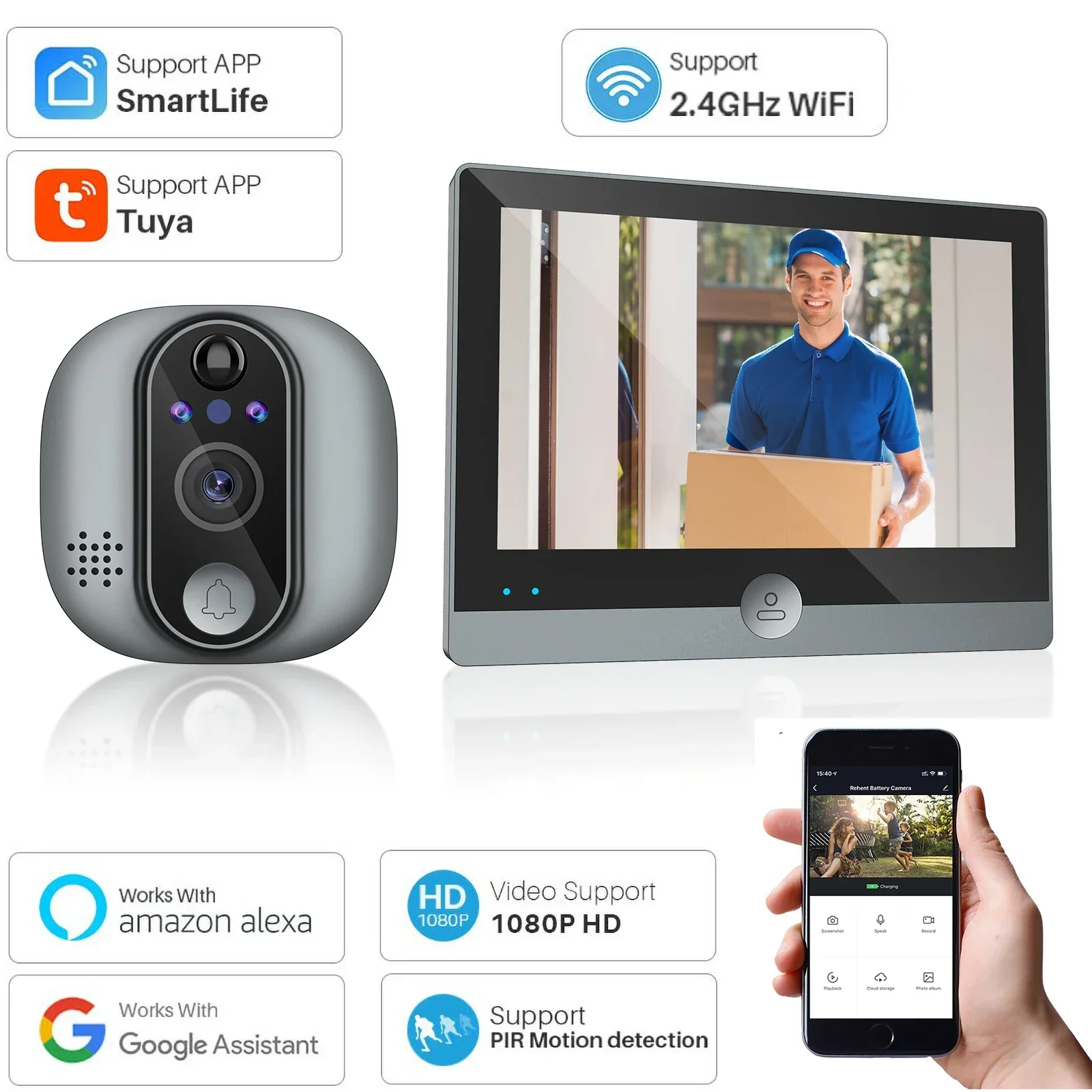 WiFi Doorbell Video IP Camera 1080P 4.3inch Display Screen Smart Life for Alexa Google Home Peephole Viewer Door Bell