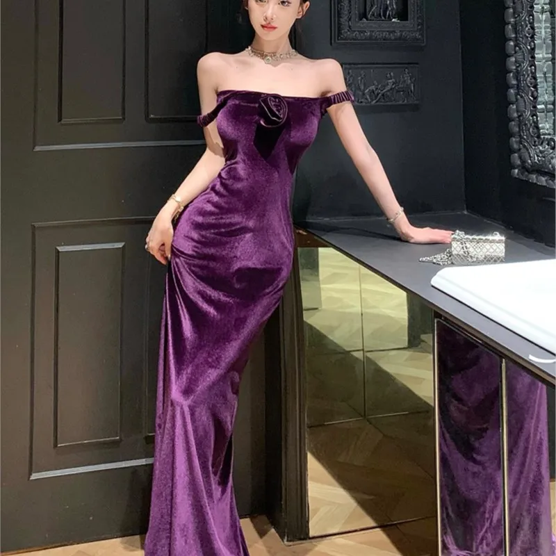 Temperament-velvet women's Hepburn style purple halter dress