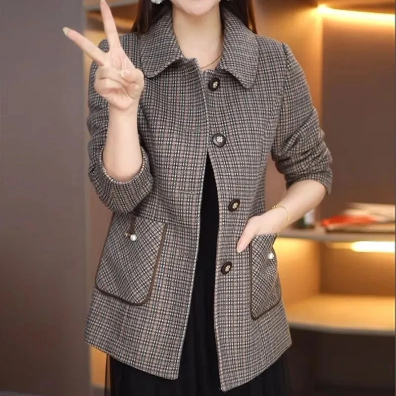 Middle Aged Mother Small Fragrance Style Plaid Coat NEW Spring Autumn Mid-Length Suit Overcoat Women Elegant Blazer Jacket 6XL