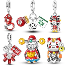 Fit Original Bracelet Silver Plated Fortune Cat Chinese Long Mahjong Charms Beads For Women Jewelry Making Gift