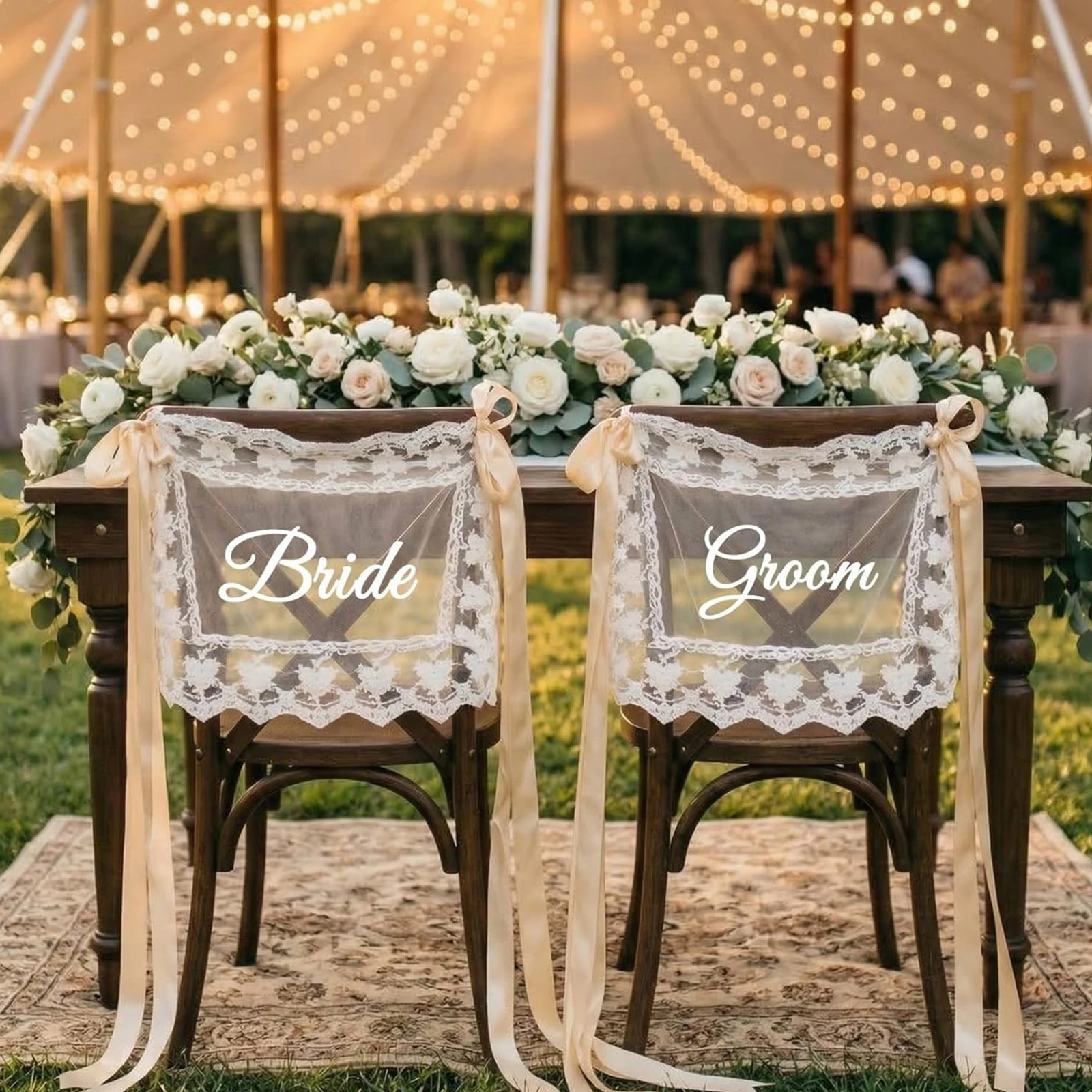 2Pcs Sheer Lace Wedding Chair Signs Reusable Bride Groom Seat Decoration Multi Purpose for Wedding Ceremony Engagement Party