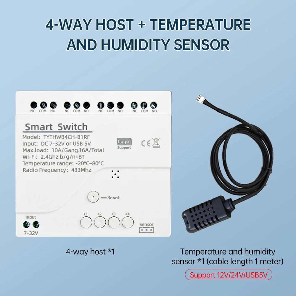 Tuya Smart WiFi 4-Kanal-Relais DC 7-32V/AC 85-250V 10A mit Temperatur- und Feuchtigkeitssensor, passiver Trockenkontaktschalter für Zuhause – Detail 15