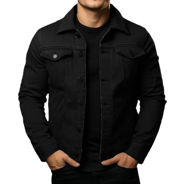 

Fashion Casual Spring Autumn Turn Down Collar Outwear Cotton Jeans Jacket for Men Black Denim Jacket