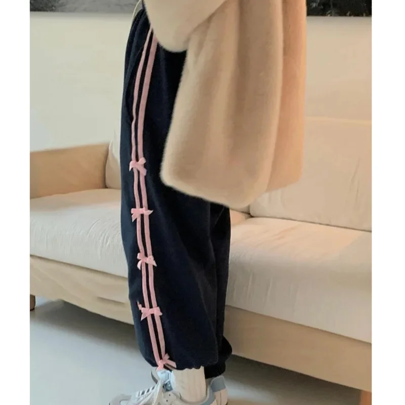 Women's Casual Bow Knot Plush Sweatpants Drawstring Striped Jogger Pants Cute Harajuku Trousers High Waist Loose Pants