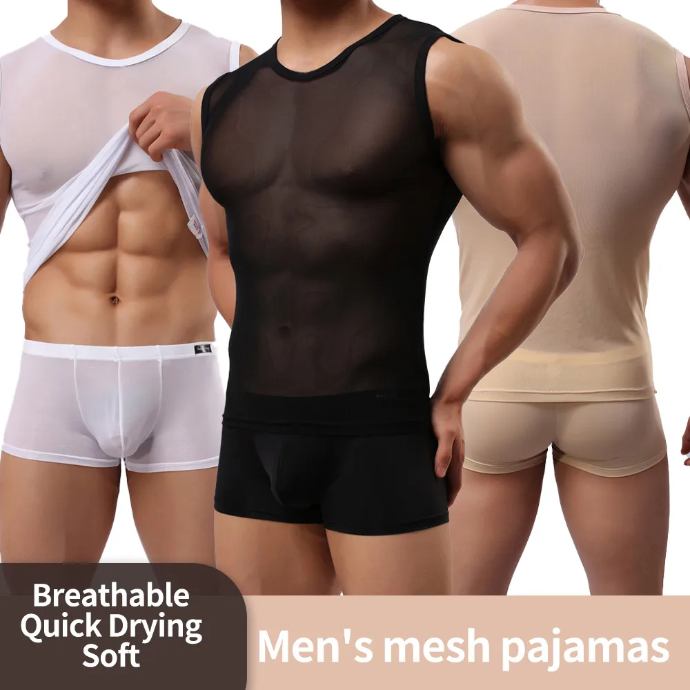 

See-Through Mesh Tank Top for Muscular Men - Sleeveless Crew Neck Slim Fit Transparent Men's Athletic Top