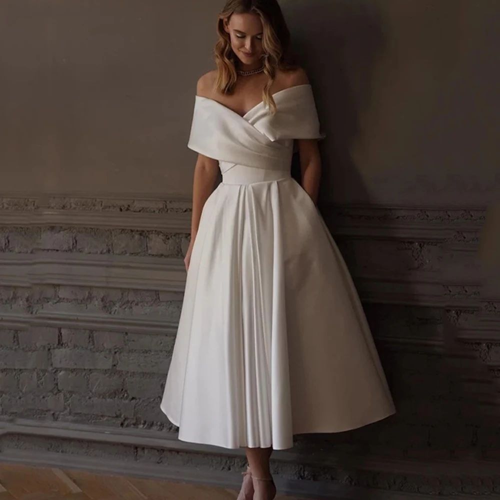 Abito da sposa principessa sirena con spalle scoperte abito da sposa corto in raso Vestidos De Nnovia personalizza per misurare Robe De Maries