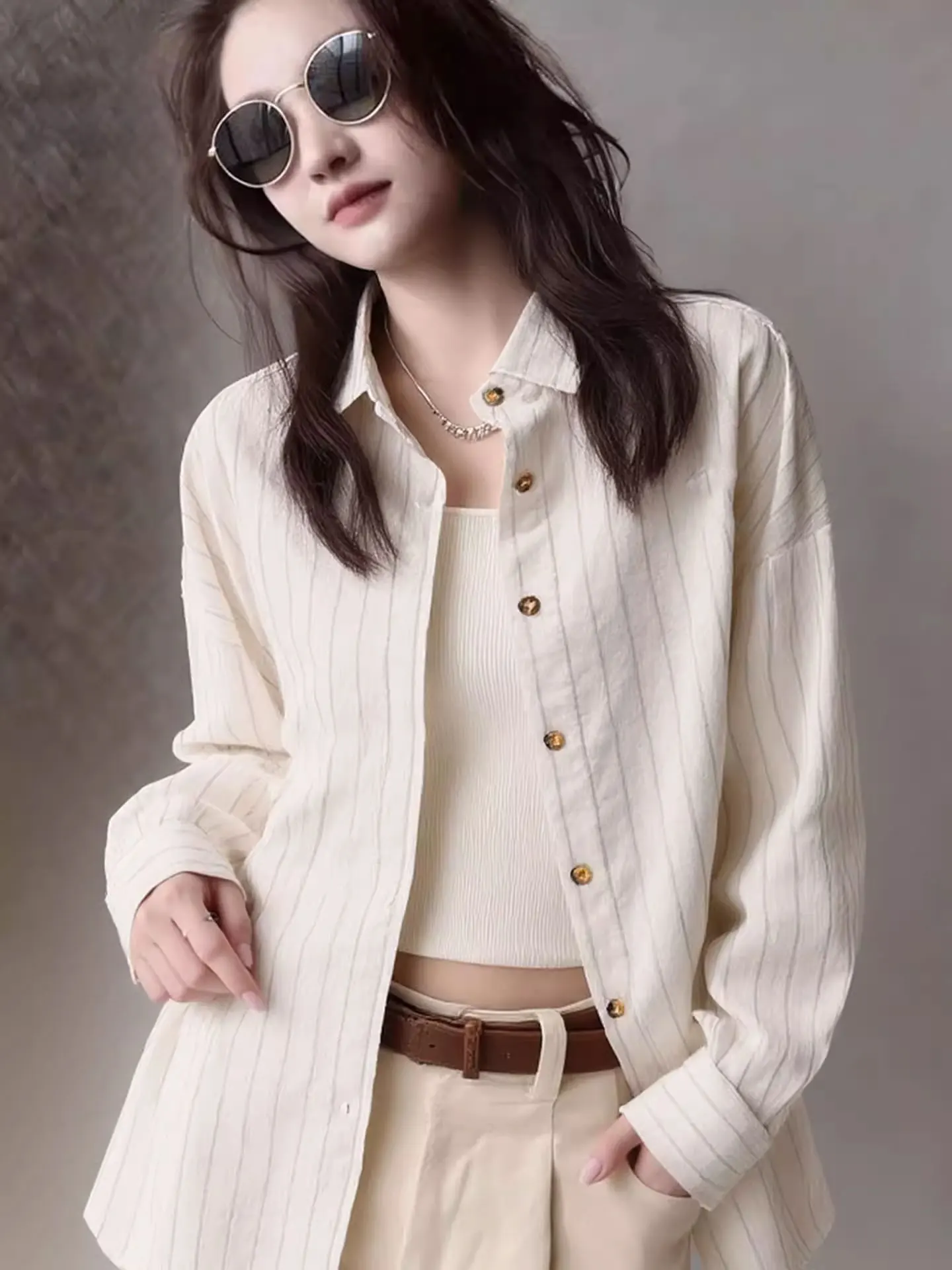 

Женская свободная блузка Ele в полоску с длинным рукавом, весна 2026, премиум-класса, корейский стиль, прямой крой, шелк