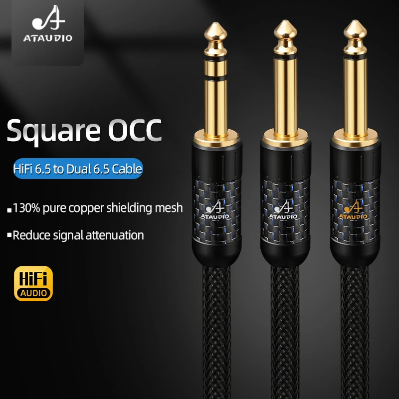 ATAUDIO HiFi Stereo 6.5mm TRS to Dual 6.5mm Mono Audio Cable Square OCC 6.5 TRS to Y-Splitter 6.5 TS Cable for Mixer Amplifier
