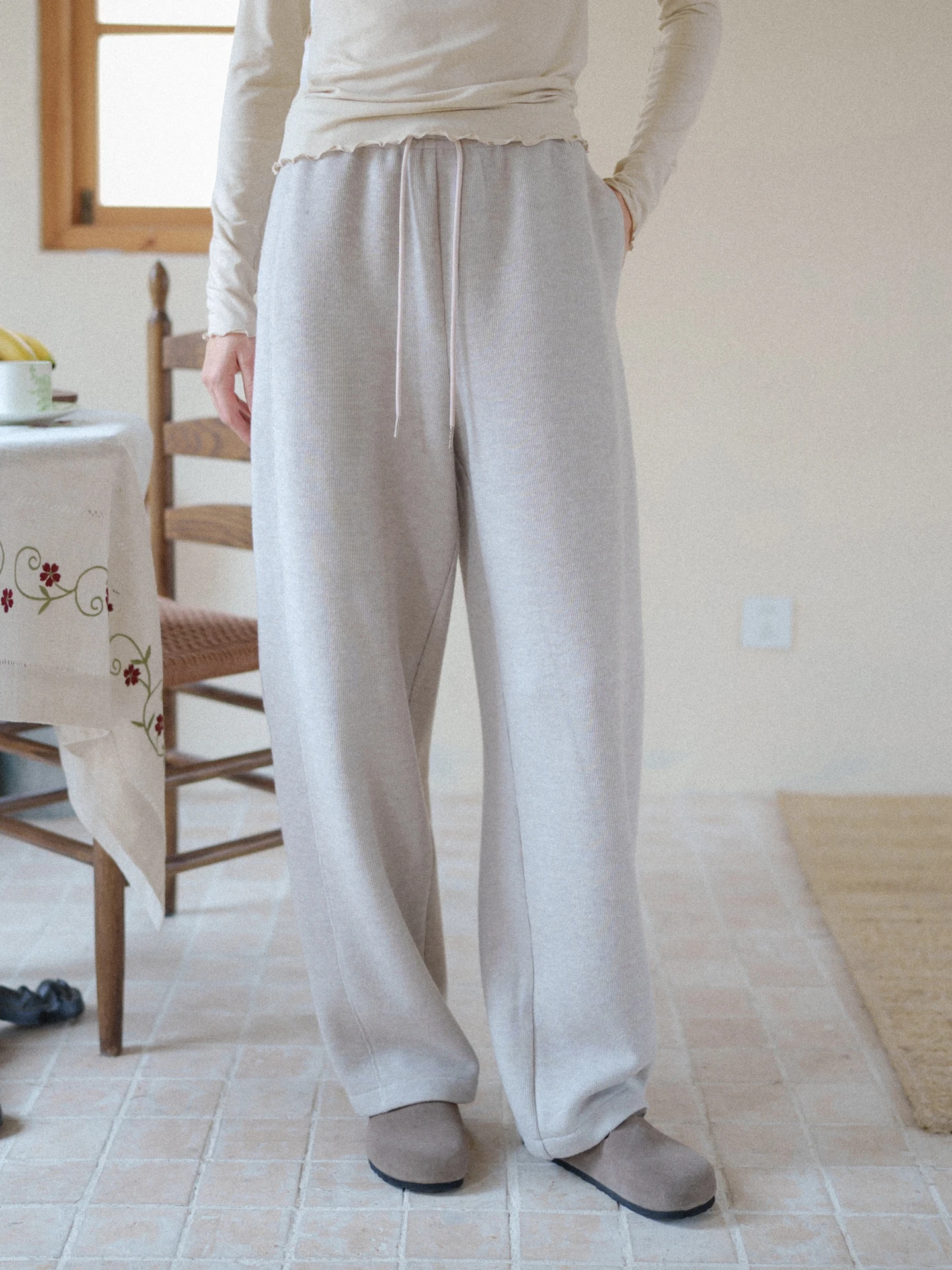 

MarchNoon Thickened Woolen Pants Oatmeal Elastic Waist Straight Leg Lazy Thin Fleece Sweatpants Women's Casual Trousers