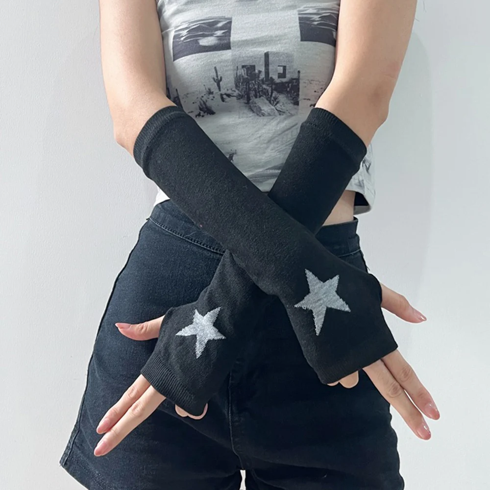 New Long Glove Arm Cover Classic Black Love Star Psttern Fingerless Elbow Gloves Warmer Knitted Wristband For Y2K girls