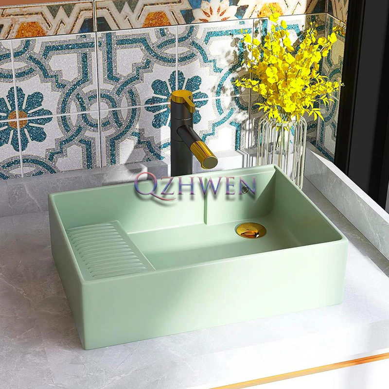 55cm Green Ceramic Washbasin Home Balcony Laundry Sink Household Bathroom Washbasin with Washboard Vessel Sink With Drainer Sets