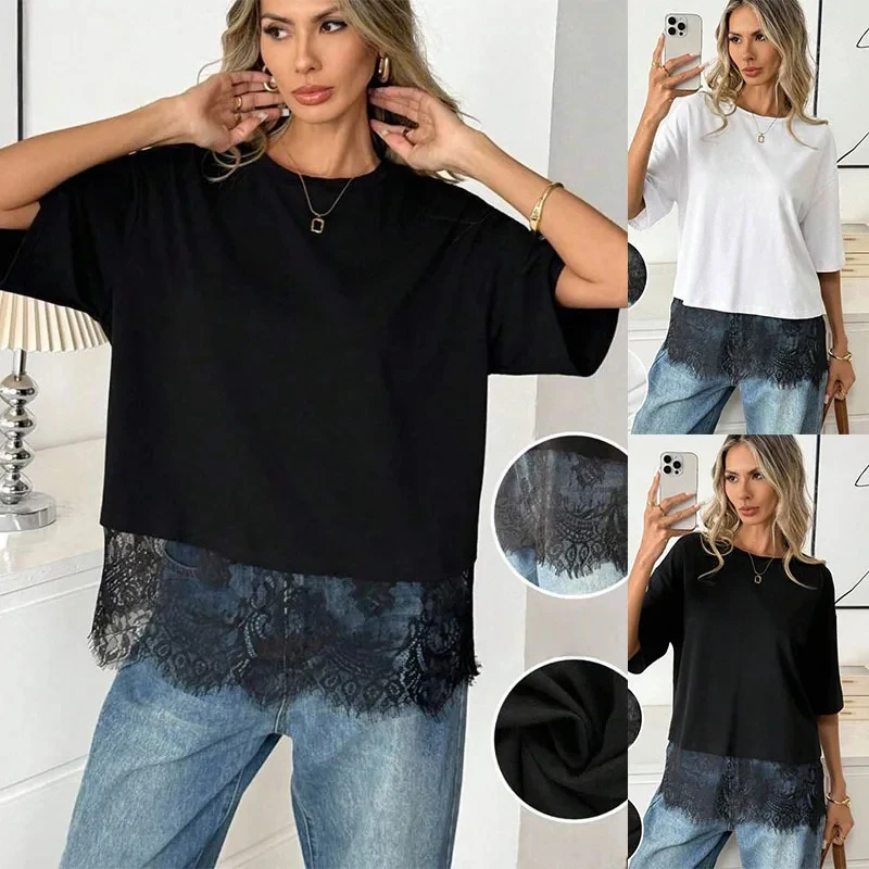 

Lace Patchwork Oversized T-shirt Women's Casual Solid Color Loose O-Neck Short Sleeve Cotton Tees 2026 Summer Fashion Streetwear