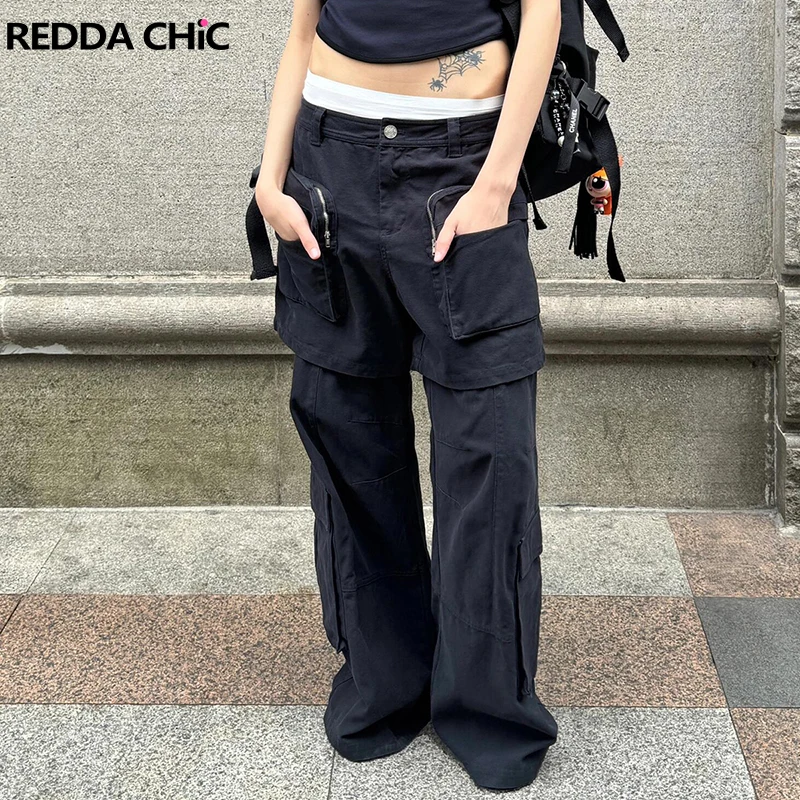 ReddaChic ICON Women Multi-pocket Wide Leg Pants Street Vintage Wash Blue High Waist Straight Baggy Jeans Grunge Cargo Workwear