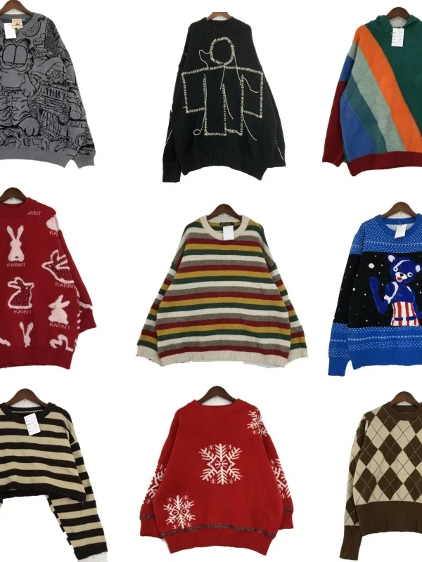 

Vintage ex Woolen Sweater Street Sle Patchwork Print round Ne Long Sve Warmth Winter Knitwear Cartoon Embroidery