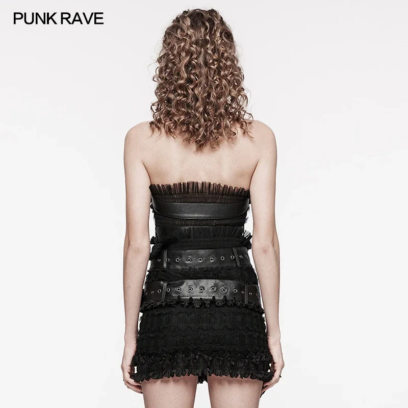 PUNK RAVE Women\'s Daily Cute Punk Tube Top Chest Detachable Leather Loops Rebellious and  Sexy Tops Summer Women Clothing