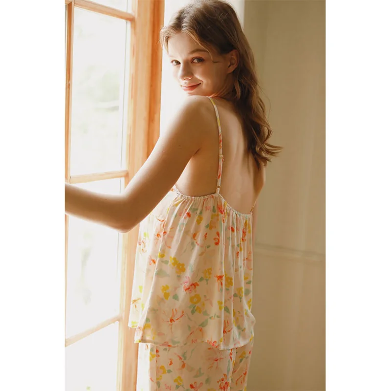 

2023 Summer Satin Two Color Selection Suspender Shorts Women's Pajamas Product with Chest Cushion Home Sleepwear Set 2 Pieces