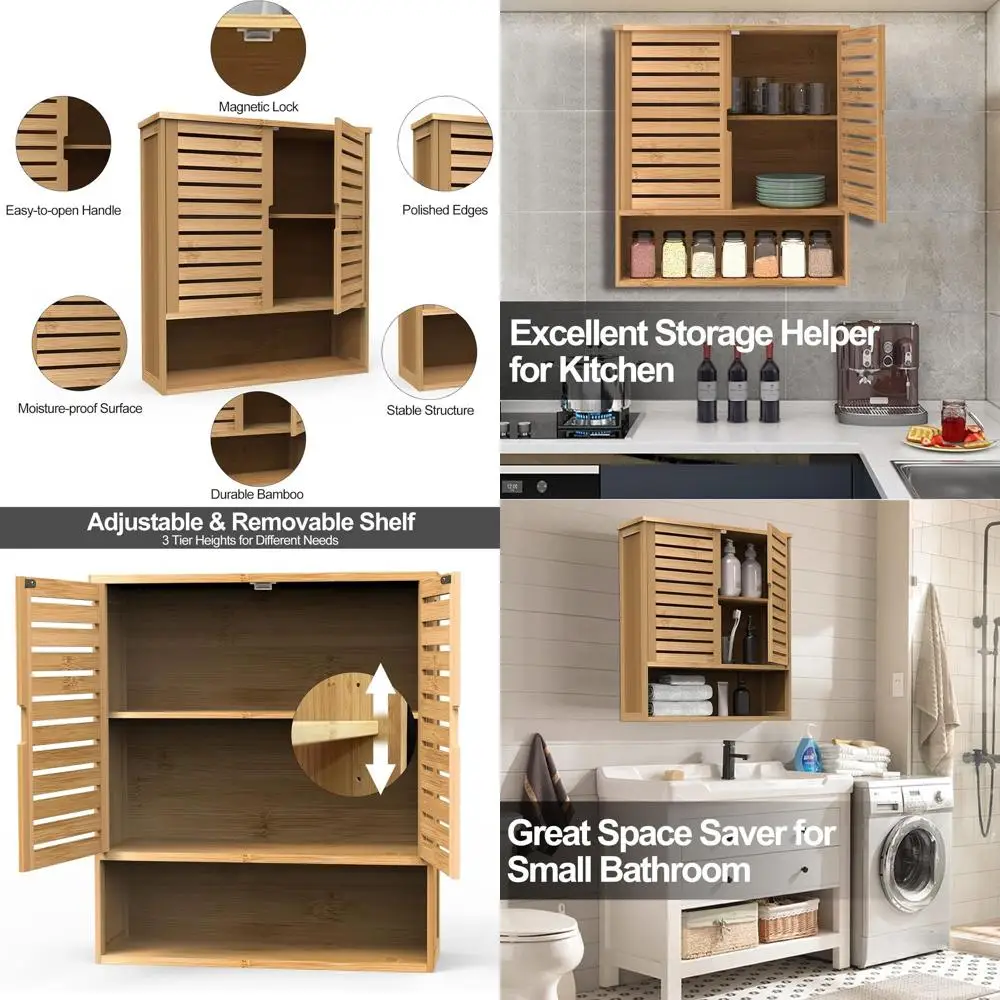 

Double-Door Bamboo Wall Cabinet with 3-Tier Storage Shelves