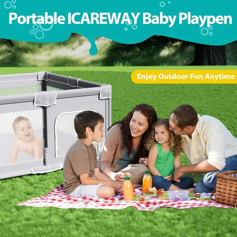 روضة أطفال قابلة للطي للأطفال الصغار مقاس 50 × 50 بوصة قلم لعب محمول قابل للطي مع مقودين داخليًا وخارجيًا