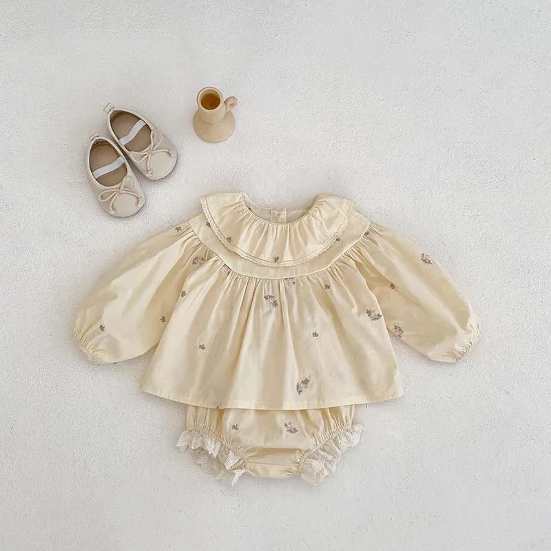 0-24Months Baby Girl Blouse and Bloomer Set Cute Floral Embroidery Princess Ruffle Collar Lace Shirt Autumn Toddler Clothing