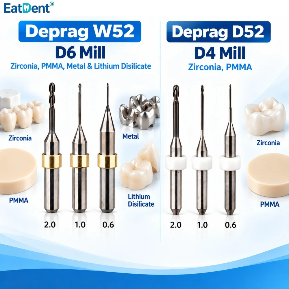 Deprag W52 D52 Dental Milling Burs Diamond Coating for Zirconia Lithium Disilicate/Emax Metal PMMA  D6/D4 Grinding Drills Needle