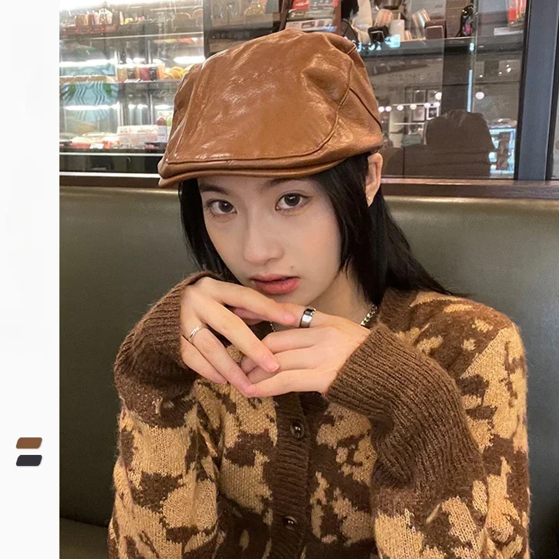 INS Retro Winter Women Artificial Leather PU Beret Hats for Women Men Ladies Korean Boina Forward Caps Mujer Casual Casquette