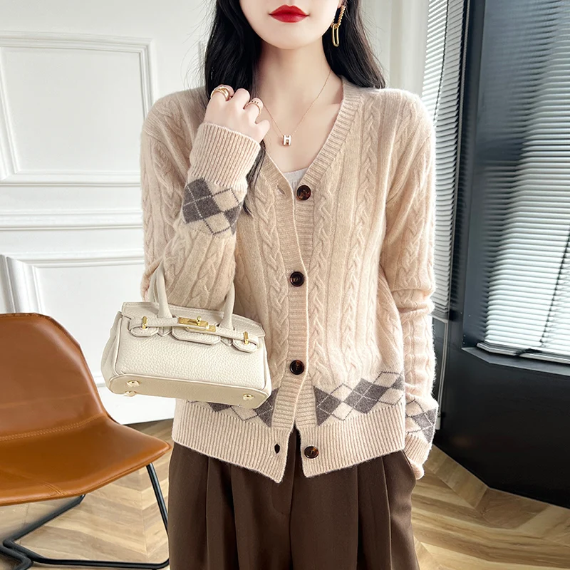 Autumn and winter new cashmere sweater 100% wool women's V-neck knitted cardigan loose and fashionable casual color blocked top