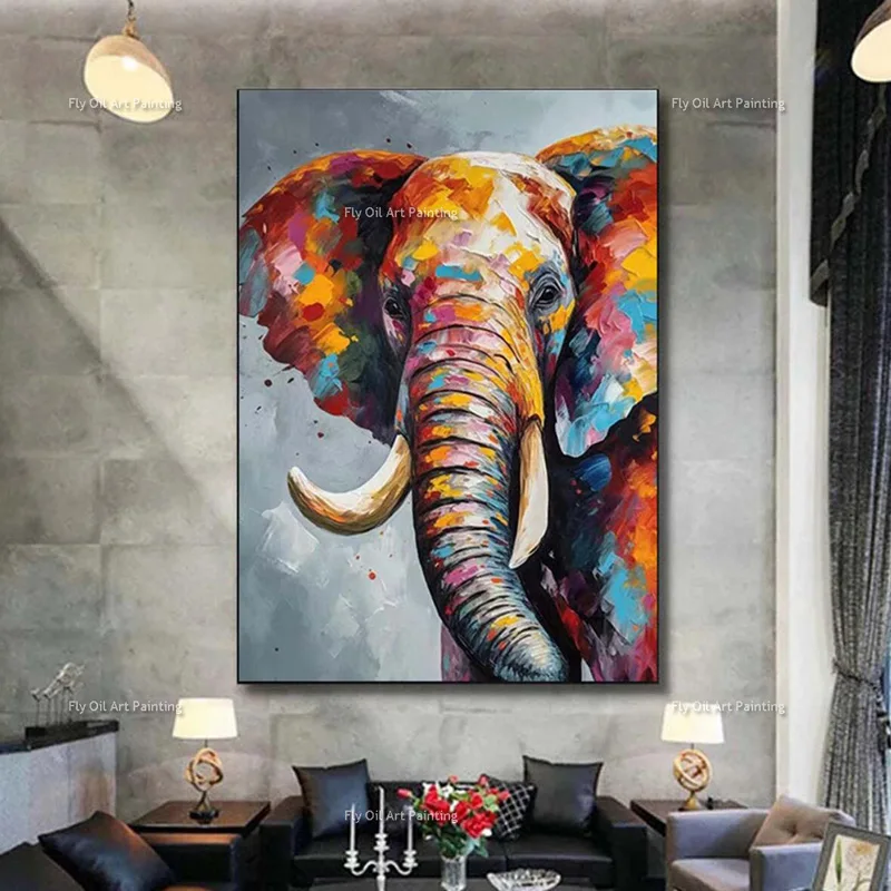 

Large Modern Colorful Elephant Oil Painting Handmade Gray Background Abstract Animal Canvas Wall Art New Design For Rooom Decor
