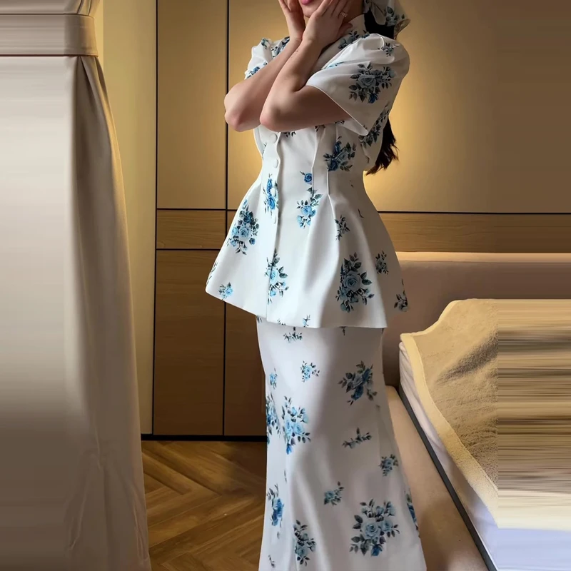 

Trendy Single Breasted High Waist Suit Retro Floral Print Top+Skirt 2pc Set Elegant Stand Up Collar Bubble Sleeve Banquet Outfit