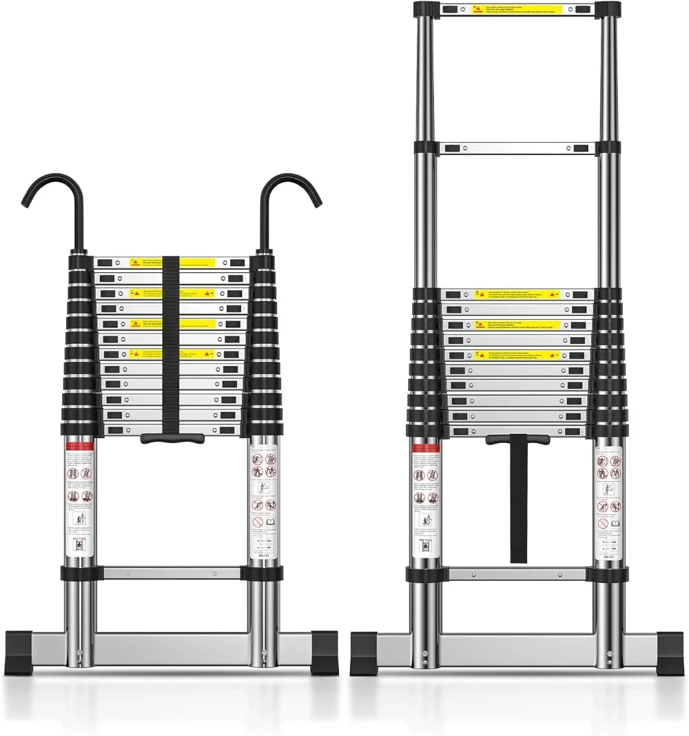 

TECKNET Telescoping Ladder, 12.5 FT Aluminum Extension Ladder with Stabilizer Bar, Non-Slip Feet & Detachable Hook, 330lbs