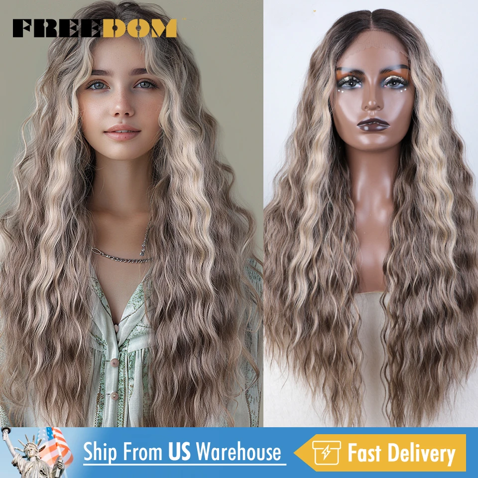 FREEDOM Synthetic Lace Front Wig 30 Inch Curly Wavy Lace Wigs For Women Highligt Ombre Brown Blonde Cosplay Wigs Local Shipping