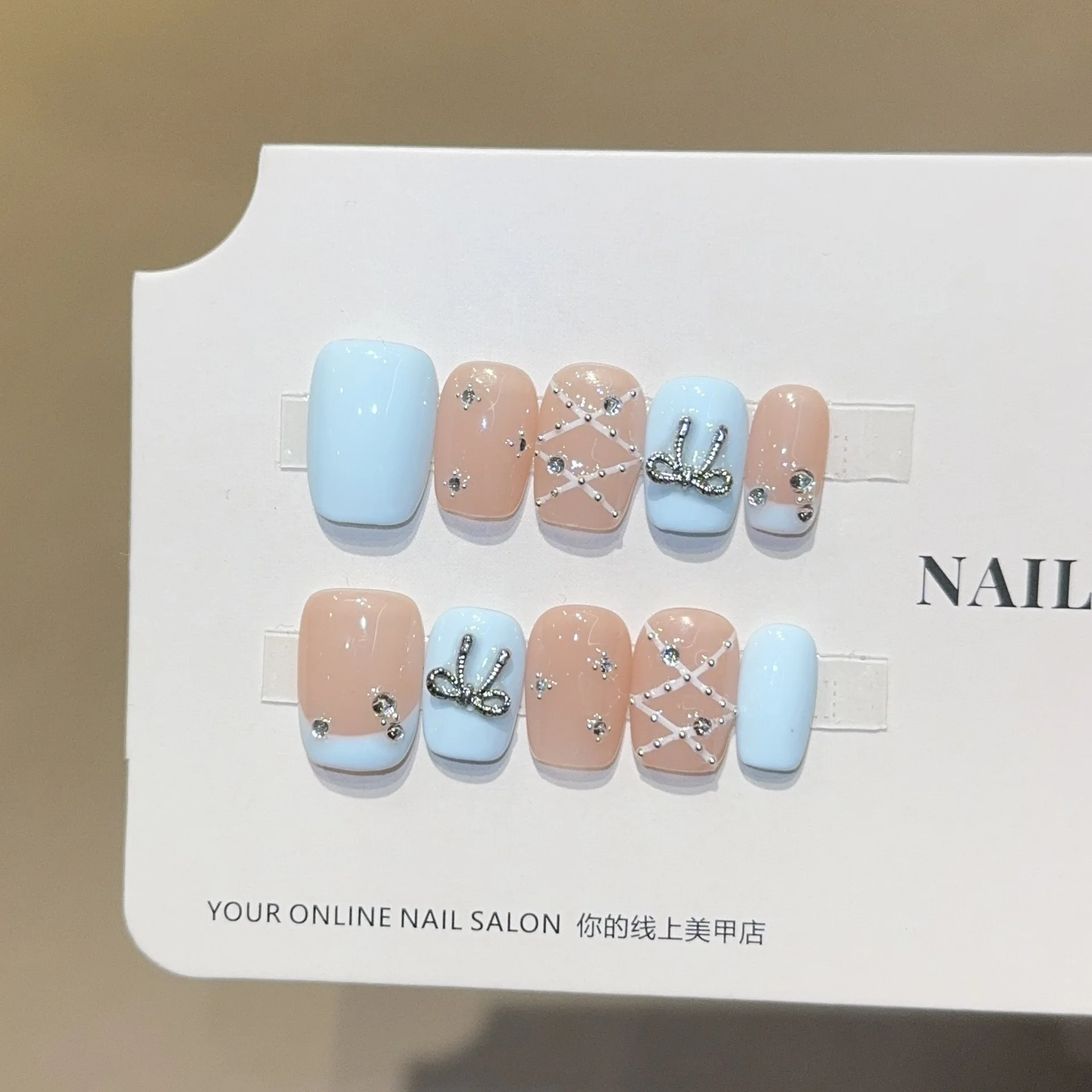 10pcs Korea Style Short Ballet Nails Bule French 3D Bowknot Design Handmade Press on Nails Wearable Fashion Fake Nails Tip