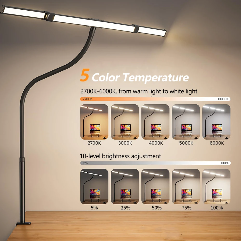 3-Head 16W LED Desk Lamp for Home Office Eye Caring Architect Desk Light 5 Color 10 Leves Dimming Computer Monitor Table Light