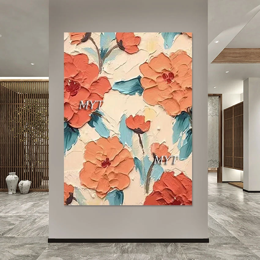 Abstract Flowers Oil Paintings Palette Knife Canvas Art Design Picture Frameless Acrylic Wall, Plant Scenery Hand Drawing Decor