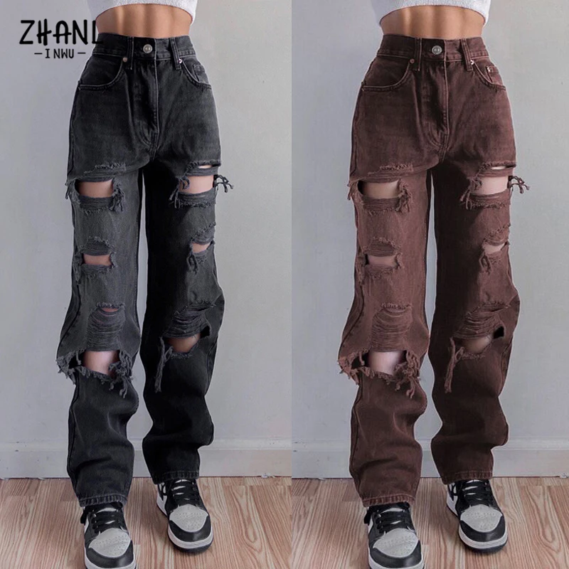 Pantalones rectos de cintura alta para mujer, Jeans rasgados negros Vintage, ropa de calle de moda, pantalones de Hip Hop con agujeros, pantalones