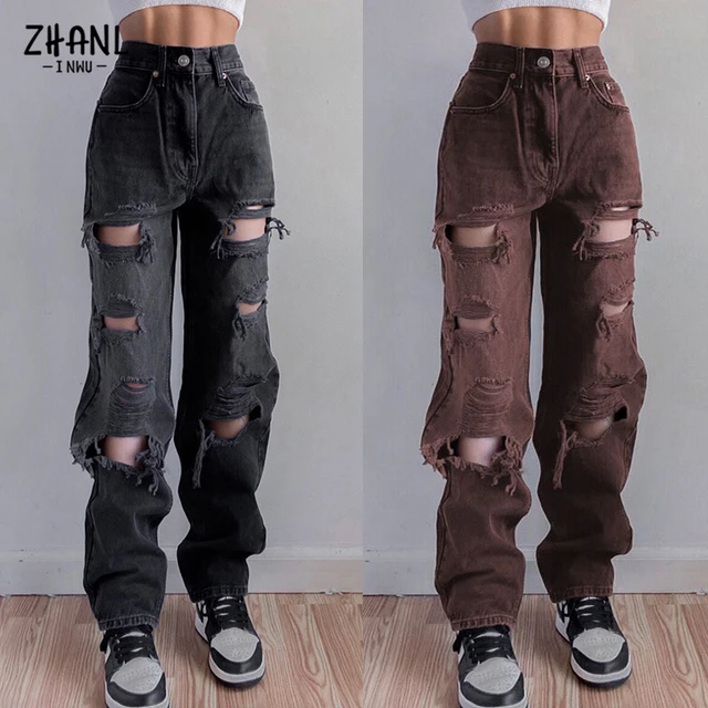 Jean Dechire Taille Haute pour Femme Pantalon Droit Vintage Noir Marron Streetwear Troue Hip Hop Denim FJLadies Y2K AliExpress