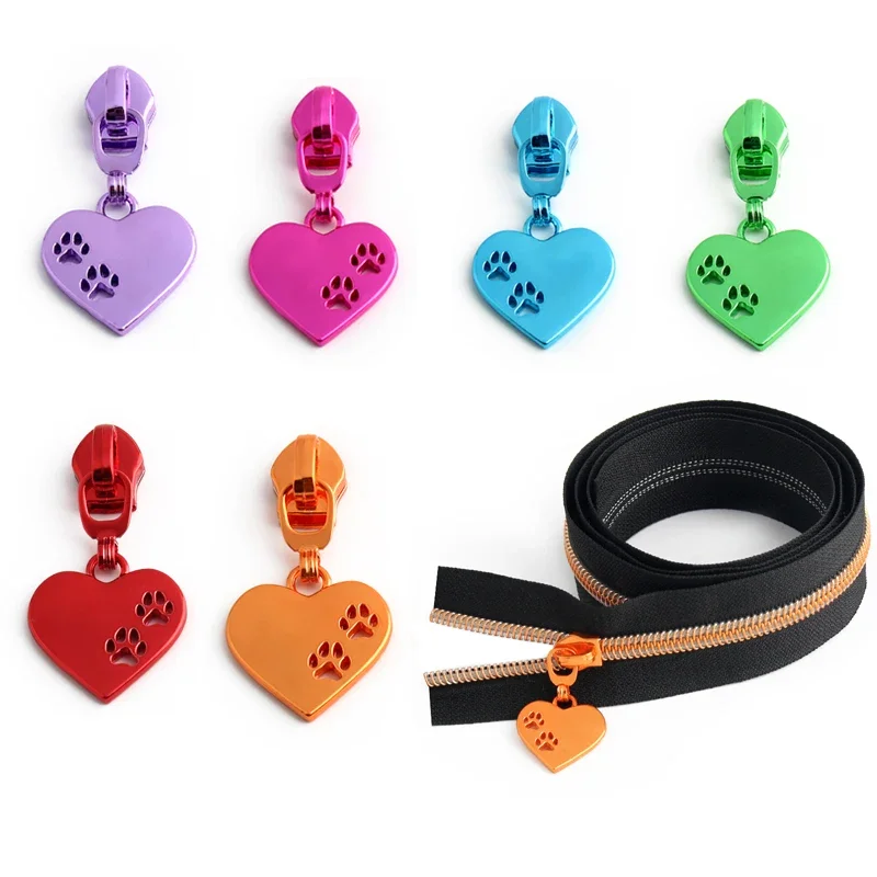 

6/10PCS Metal Heart-Shaped Hollow Dog Paw 5# Zipper Puller Bag Clothes Shoes Replaceable Zipper Repair Kit DIY Accessories