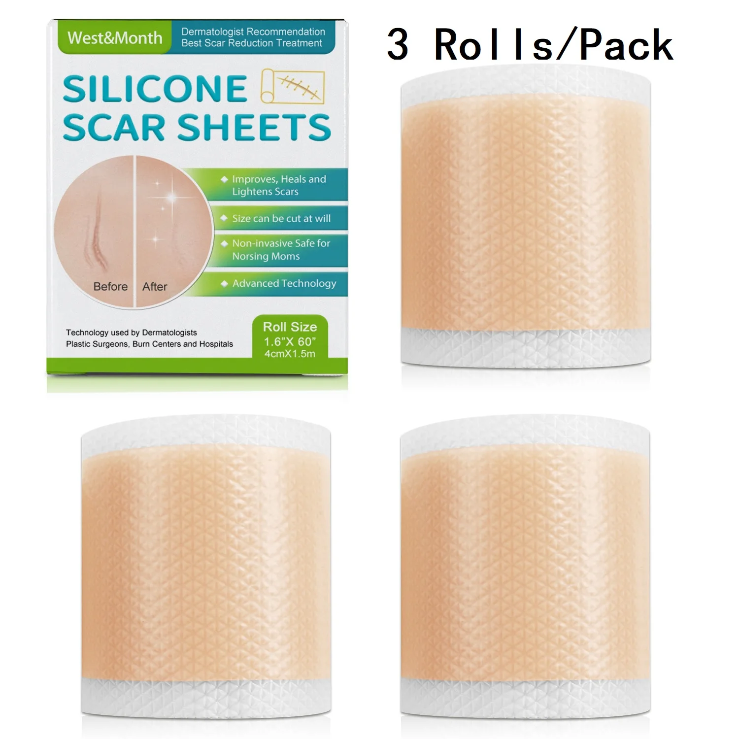 3 Rolls/Pack (1 roll=4cm*1.5m) Multi-Purpose Silicone Scar Sheets 1 Roll Self-Adhesive Scar Cover Tape Skin Care