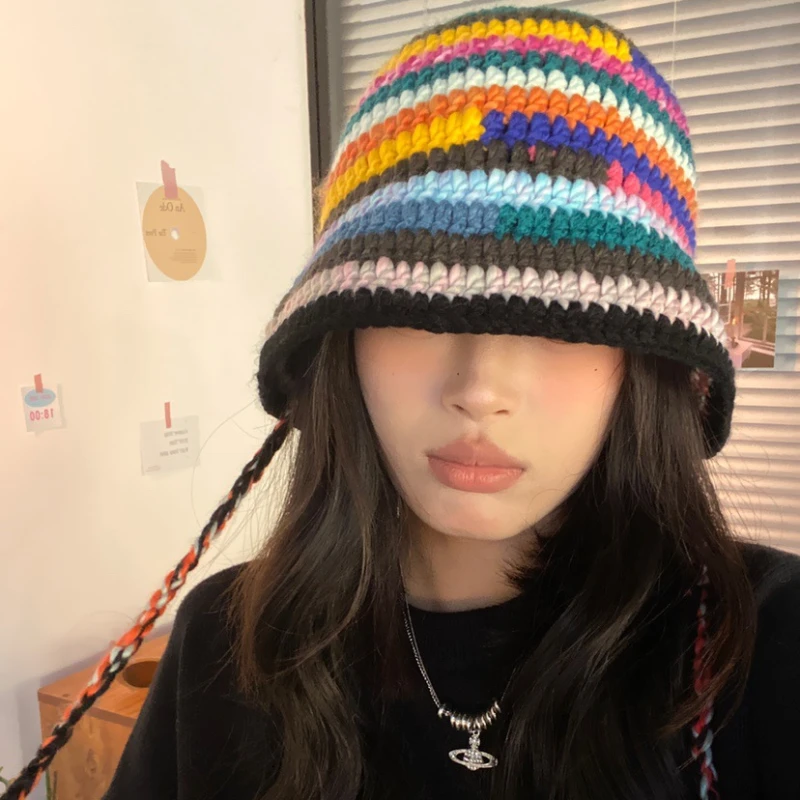 Japanese Handmade Crochet Colored Striped Knitted Lace Up Bucket Hats For Women Contrasting Colors Sweet Winter Basin Hat Gorras