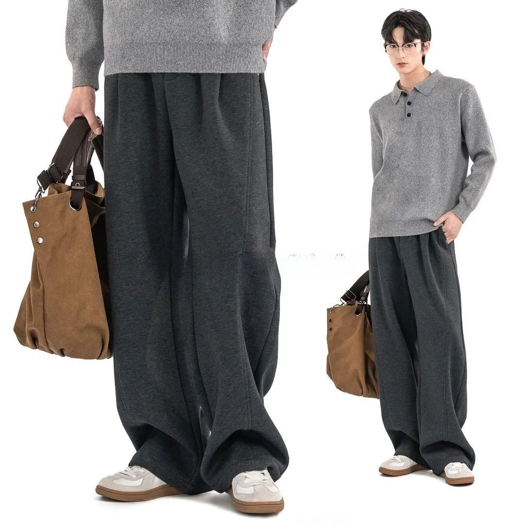 

Men's Casual Wide Leg Pants Autumn Winter Thiened Fce Dstring Sweatpants Versatile Thiened Splicing Loose Long Pants