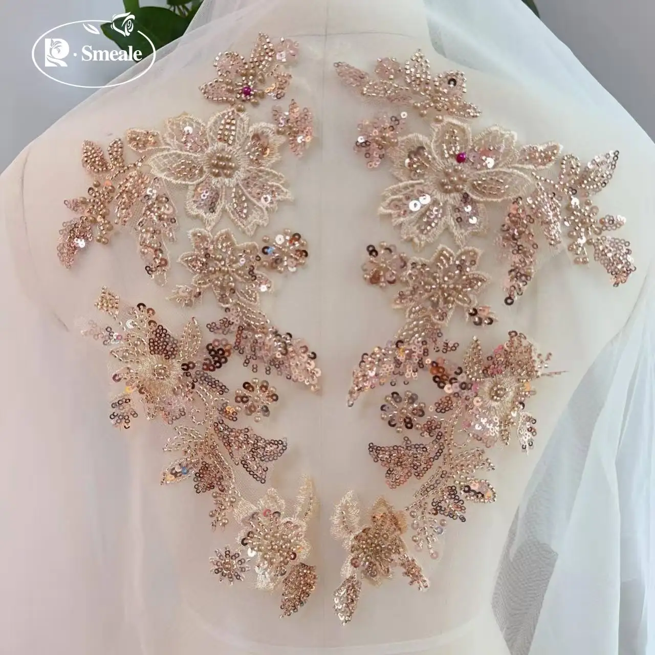 10 Stück/2 Stück. Bestickte Spitze mit mehrfarbigen Perlen, Perlenstickerei, Blumen-Pailletten, handgemachter DIY-Spitzen-Applikations-Patch. – Detail 4