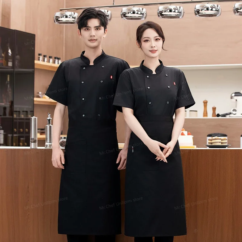 Oddychająca siateczkowa kurtka kucharska z fartuchem biała Krótki rękaw uniform kucharski Restauracja Kuchnia Płaszcz kucharski czarny męski odzież robocza logo