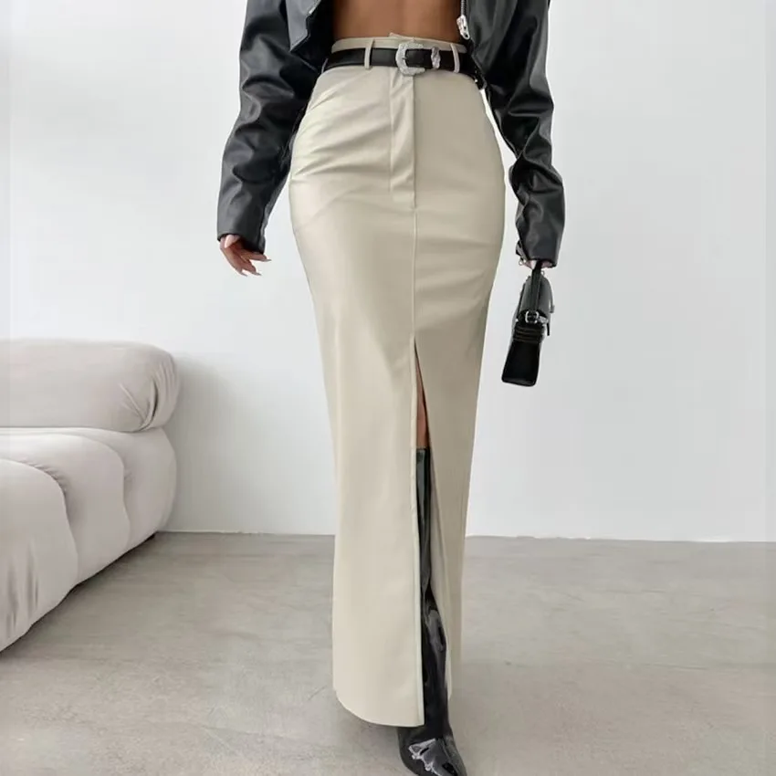 

High Waist PU Leather Split Skirt Autumn Commute Straight Long Skirt High Waist Pure Color Commute Sle f Body Skirt