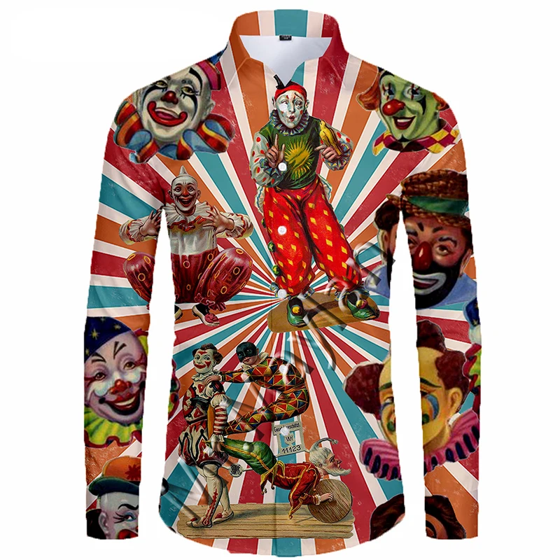 3D Printed Circus Clown Hawaiian Shirt Men Funny Long Sleeve Camisas Spring Autumn Tops Casual Social Clothes For Male Clothing