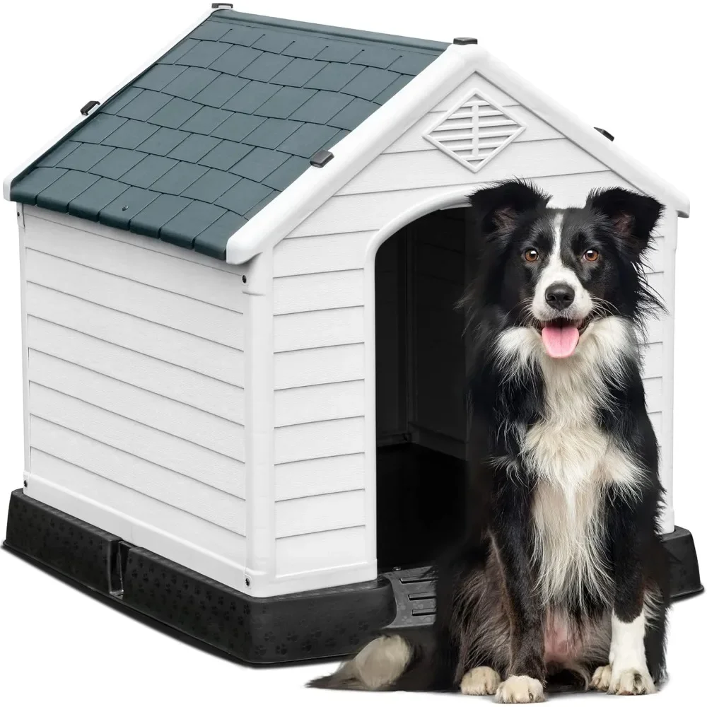 

Kennels, 34.5'' Large Plastic Dog House Outdoor Indoor Doghouse Puppy Shelter Water Resistant Easy Assembly Sturdy Dog Kennels