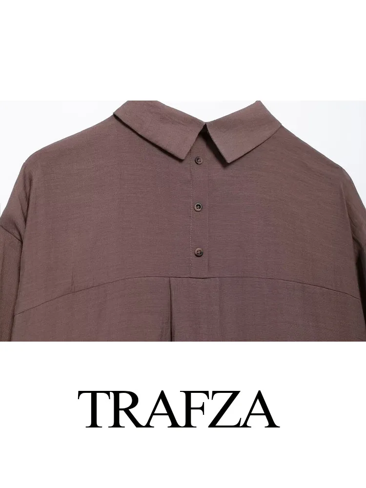 TRAFZA Women's Autumn Casual Shirts Brown Turn-Down Collar Long Sleeves Pockets Single Breasted Women Fashion Loose Blouse